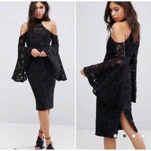 Misha Collection Poppy Lace Mini Dress Bell Sleeves Womens 8 Black